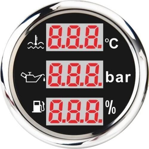 Universal 52mm 3 in 1 Multi-Function Digital Gauge Waterproof Water Temp Oil Pressure Fuel Level Gauge with Alarm