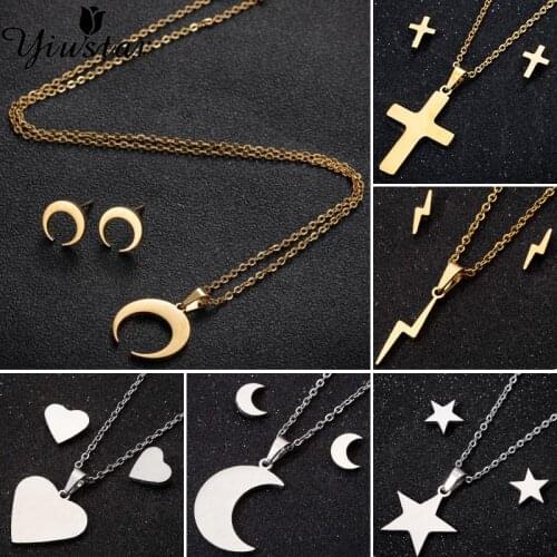 Dubai Simple Love Heart Beat Jewelry Sets Minimalist Moon Star Wave Necklace Cross Stainless Steel Lightning Earrings for Unisex