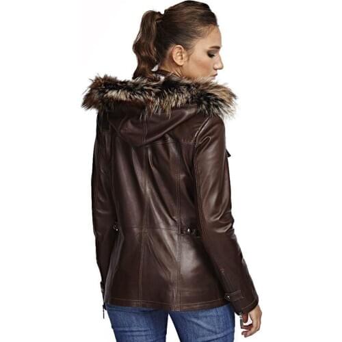 Womens autumn hooded brown genuine sheepskin coat free shipping