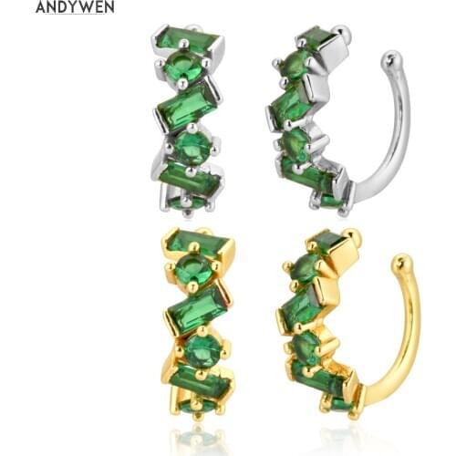 ANDYWEN 925 Sterling Silver Green Zircon Women Piercing Earcuff Cuff Earring Ear Cuff Women Fashion Jewelry For Party Jewels