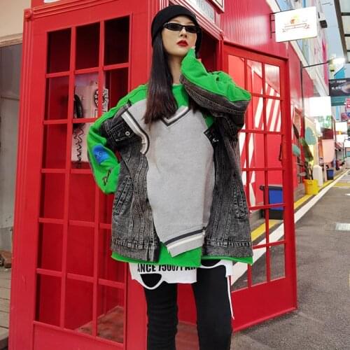 QING MO Autumn Fashion Contrast Color Denim Stitching Sweatshirt Women Loose Plus Size 2021 New Letter Print Pullover ZWL802