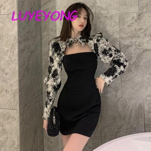 Lady Long Sleeve Hollow Out Party Slim Elegant Polo Collar Dresses Women Cool Gothic Fake-two-pieces Mini Dress 2021 Summer