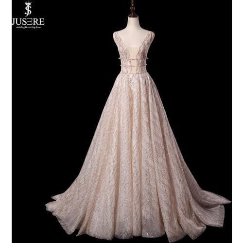 JUSERE A-Line V-Neck Floor Length Champagne Evening Dresses 2019 Long Formal Gowns Evening Dress Robe de soiree abendkleider