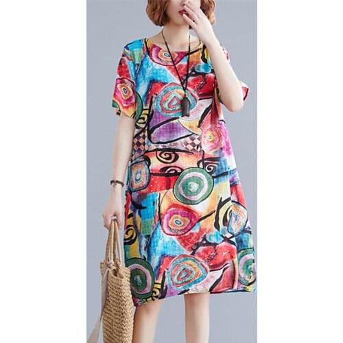 Pattern Print Tie Dye Loose Summer Dress Soft Thin Cotton Linen Vintage Dress Women Holiday Travel Casual Beach Style Dress