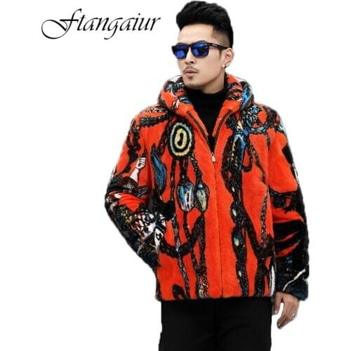 Ftangaiur 2020 Winter Men Import Mink Fur Coat With Hood Orange Print Mink Coats Mens Short Smart Causal Real Mink Fur Coats