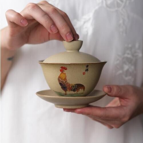 150ml Vintage Jingdezhen Tea Cup Chinese Teaset Rooster Office GaiWan Archaistic Ceramic Tea Bowl Tea Coffee Cup and Saucer Set