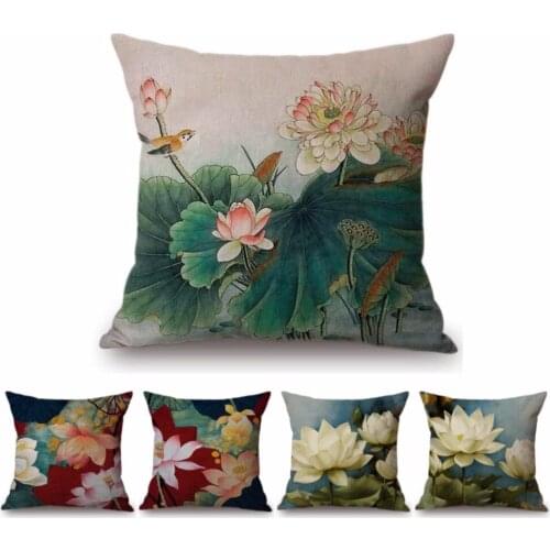 2018 Lotus Flower Hand Drawing Home Decorative Pillow Case Luxury Cotton Linen Ink Painting Floral Sofa Cushion Cover 45x45cm