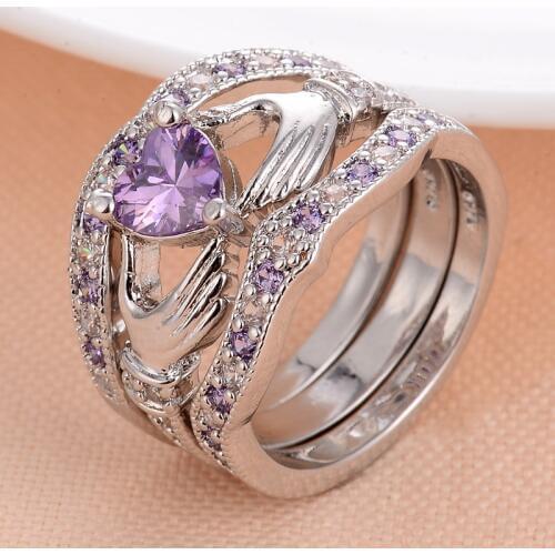 3pcs/set Fashion Women Oval Heart Design Blue Purple White Crystal Engagement Wedding Ring Jewelry for Female Party Best Gift