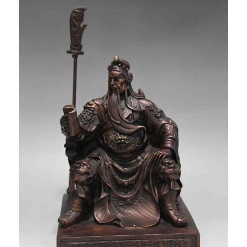 Free shipping Chinese Folk Pure Red Copper Bronze Sit Guan Gong Dragon Guan Yu Warrior Statue