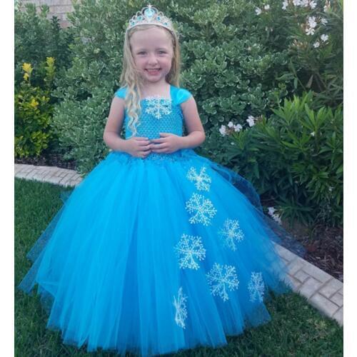 Girls Turquoise Elsa Princess Dress Kids Crochet Tulle Tutu Dress Ball Gown with Crown and Stick Children Party Costume Dresses