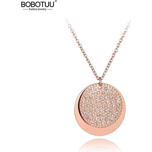 BOBOTUU Bohemia Stainless Steel Double Disc CZ Crystal Pendant Necklace For Women Trendy Sweater Chian 27" Long Necklace BN19159
