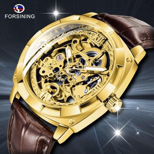 Forsining Royal Golden Flower Transparent Brown Leather Belt Creative 2018 Mens Watch Top Brand Luxury Skeleton Mechanical Watch