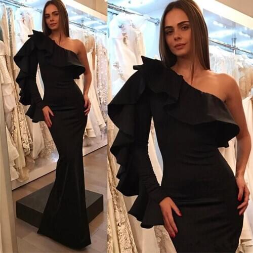 Black Muslim Evening Dresses Mermaid One-shoulder Ruffles Dubai Saudi Arabia Long Evening Gown Prom Dress
