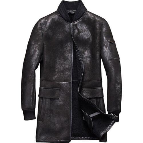 Denny&Dora Mens Shearling Coat Mens Fur Coat Long Style Baseball Sheepskin Leather Jacket
