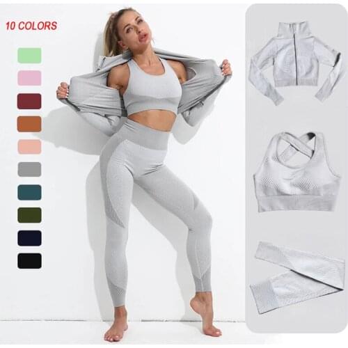 New Colors Seamless Yoga Set Women Gym Clothes Female Sports Bra Fitness Pants Full Zip Crop Top Long Sleeve Workout Clothing