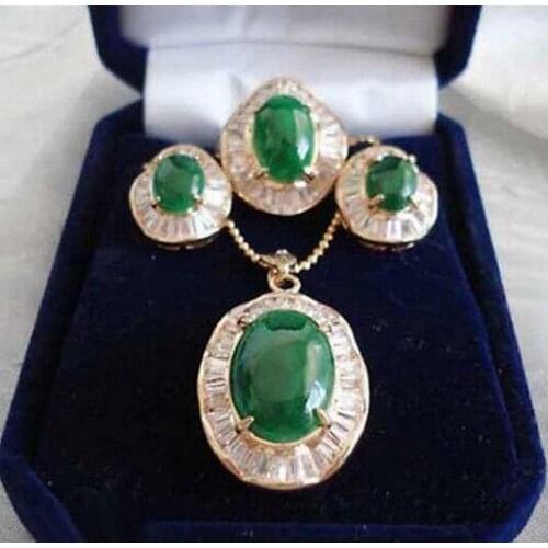 Cubic zirconia pendant and ring set, emerald green, 18kgp, necklace, earrings