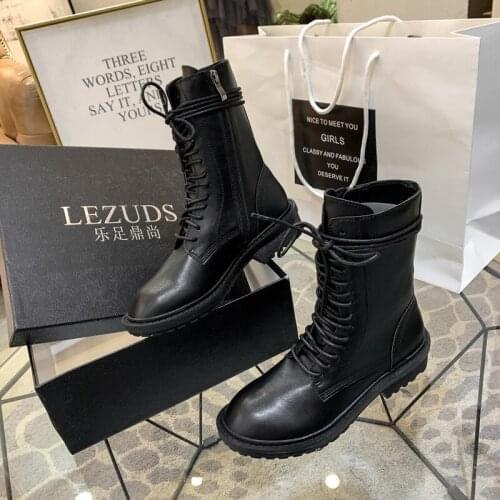 Hot street beat motorcycle boots women low heels solid genuine leather knight riding botines celebrities creepers mid-calf botas