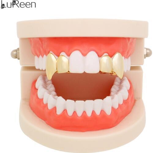 LuReen 2 Pcs/Set Hip Hop Men Gold Silver Color Teeth Grillz Vampire Fangs Double Caps for Rapper Grills Tooth Jewelry