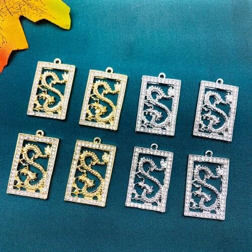10Pcs Metal Dragon Charms Shiny Rhinestone Square Frame Animals Pendants For Jewelry Making Accessories Necklace DIY Wholesale