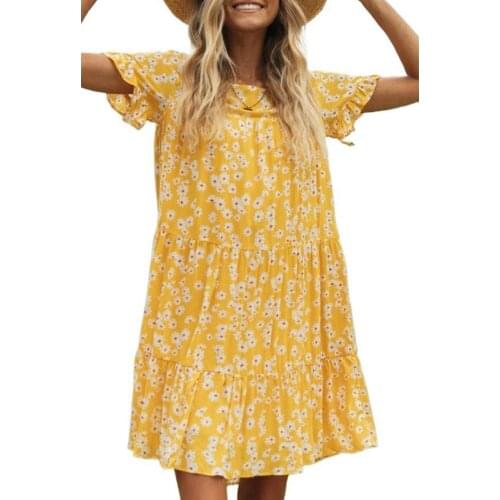 MosiMolly Blue 2021 Flowear Daisy Print Dress Women Round Neck Boho Beach Dress Female Vestidos Mini Dress