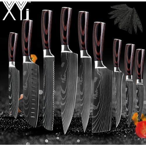 Laser Damascus Pattern 7cr17 Stainless Steel Kitchen Knives Set 12 Pockets Roll Bag Gift Knife Covers Boning Chef Knife Cutter