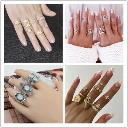 Bohemian style colorful ring set of knuckle ring opening retro pattern diamond ring for women party jewelry gift party