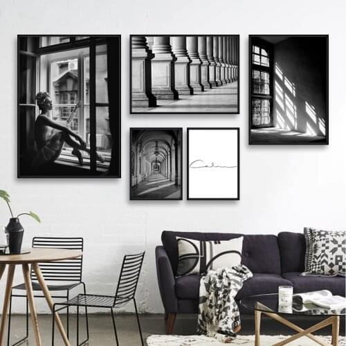 Nordic Cuadros Black and White Building Canvas Paintings Scandinavian Girl Posters and Prints Wall Art Pictures for Home Decor
