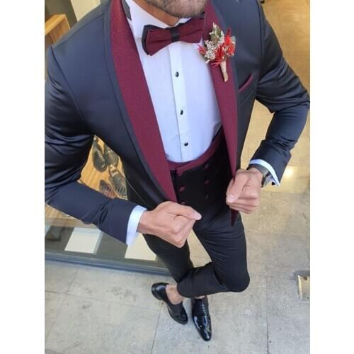 New Style Groomsmen Dark Navy Blue Groom Tuxedos Shawl Dark Red Lapel Men Suits Wedding 3 Piceces( Jacket+Pants+Vest+Tie ) D150