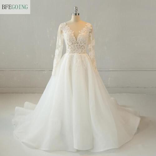 Ivory Organza Lace Appliques Beading V-Neck Long Sleeves Floor-Length A-line Wedding dress Chapel Train Custom made