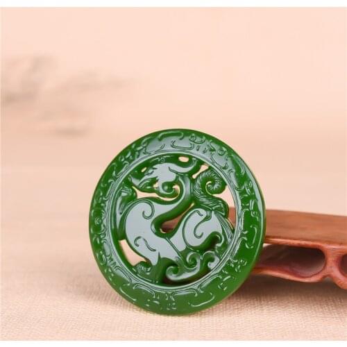 Natural Green Hand-Carved Jade Antique Jade Pendant, Double Carved Spinach Green Hollow Dragon Jade Pendant
