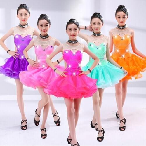 Pink Green Orange Purple Red Girls Latin Dance Dress For Children Competition Dresses Rhinestone Tutu Ballroom Samba Wear DL5180