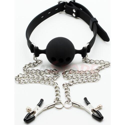 Smspade Black bondage full silicone ball gag with nipple clamps Oral sex mouth gag breathable sex restraints toys for couples