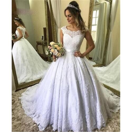 Cap Sleeves Wedding Dress Appliques Lace Ball Dress Long Dresses For Marriage Bridal Gown Formal Prom Vestido de Noiva 2020