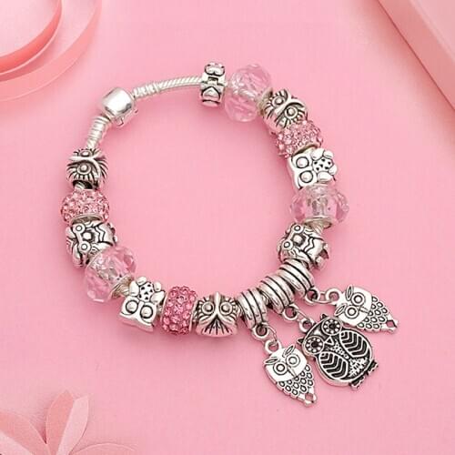 Vintage Silver Color Cute Owl Charm Pendant Bracelet DIY Pink Crystal Bead Bracelet Lovely Animal Bracelet Bangle for Child Gift