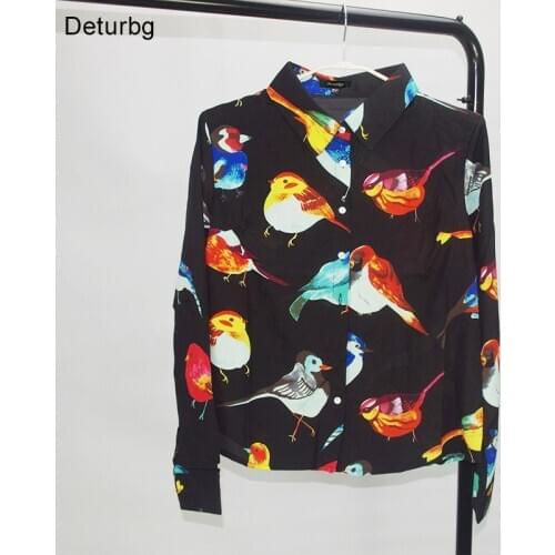 Summer New Fashion Womens Elegant Long Sleeve Shirts Birds Animal Print Chiffon Slim Chiffon Sweet Blouses Tops blusas PS0500