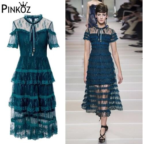 Pinkoz New Arrival Embroidery Dress Elegant Lace Fashion Casual Vintage Vestido Long Sleeve Women Work Evening Party Dresses