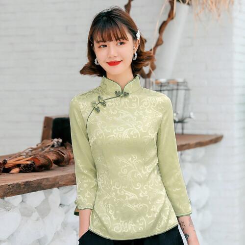 Mandarin Collar Female Tang Coat Plus Size Spring Cotton Slim Cheongsam Tops Chinese Traditional Soft Satin Chinese Style Shirt