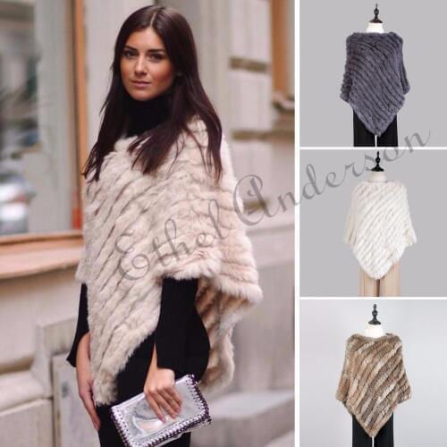 ETHEL ANDERSON Womens Real Knitted Farm Rabbit Fur Poncho Classic Design Vest Shawl Vogue Style Coat Cape Shawl Fur Top Selling