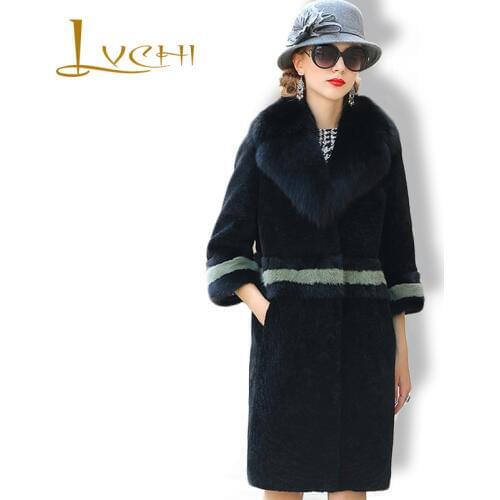 LVCHI Winter Womens Real Fur Coat Leather Black White Mink Wool Medium Overcoats Sashes V-Neck Full Pelt Mink knitted Mink Coat