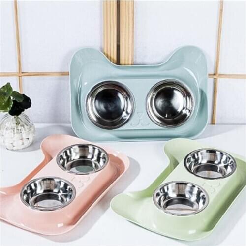 1Pc Durable Double Bowl Cat Food Bowl Stainless Steel Cat Rice Bowl Dog Bowl Leak-Proof Anti-Skid Pet Feeding Bowl
