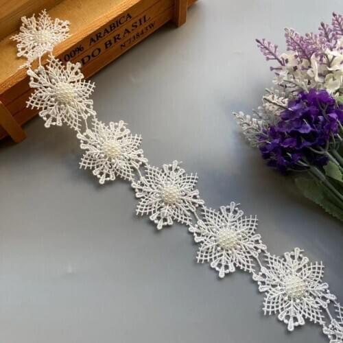 1 Yard White Pearl Beaded Embroidered Flower Lace Ribbon Trim Floral Applique Patches Fabric Sewing Craft Vintage Wedding Dress
