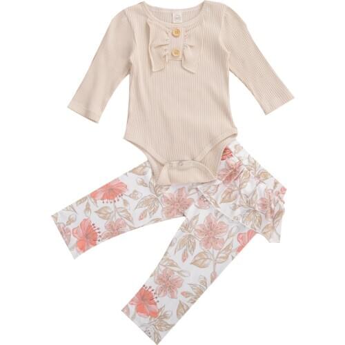 2PCS Infant Baby Girl Clothes Long Sleeve Button Romper + Ruffle Floral Pant Outfits Autumn Winter Cozy Soft Breathable Romper