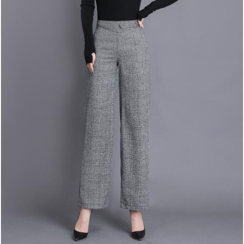 2019 Autumn Winter High Waist Women Plaid Wide Leg Pants Woolen Plus Size Casual Solid Warm Female Ankle Length Trousers Womens