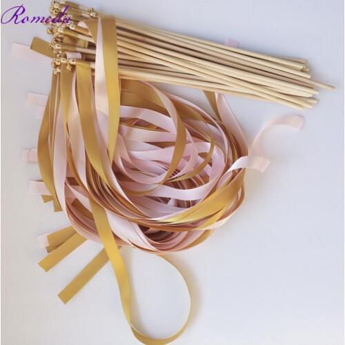 50pcs/lot Pink and Gold wedding wands Twirling Streamers wedding ribbon stick for wedding decoration