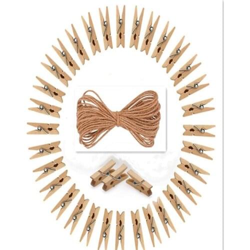 50 Pieces Wooden Hanger with 10 M Hemp Rope Suitable for DIY Clip Photo Folder Postcard Decoration Clip