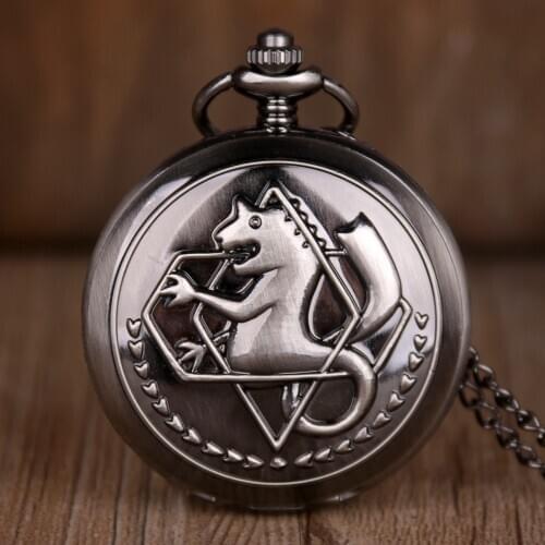 Antique FullMetal Alchemist Edward Elric Cosplay Quartz Pocket Watch with Pendant Necklace Men Women Fob Watch