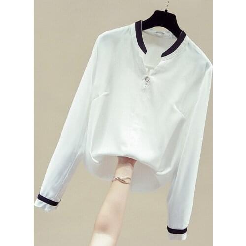 Long Sleeve V-Neck Office White Blouse Chiffon Blouse Shirt Blouse Women Blusas Mujer De Moda 2021 Womens Tops And Blouses D874