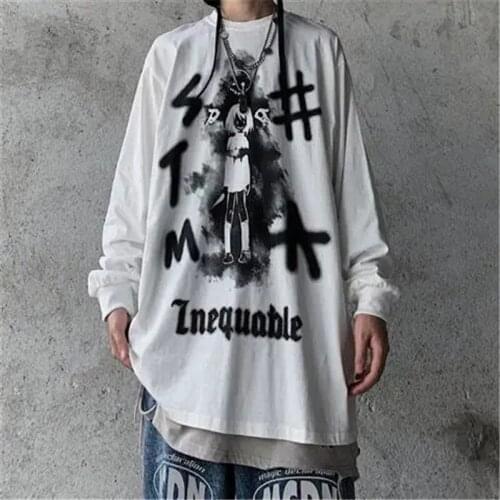 Long-sleeved T-shirt Female High Street Student Korean Loose Dark White BF Harajuku Hip-hop Style Cartoon Girls Printed Autumn