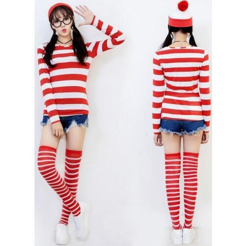 Anime Wally Outfit Ladies World Book Day Week Wenda Waldo Character Fancy Dress Shirt Hat Glasses Stockings Costume
