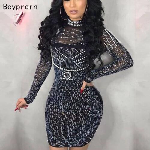 Beyprern Beautiful Crystal Pearls Short Party Dress Glam Womens Long Sleeve Sequins Bodycon Christmas Dress Birthday Outfits